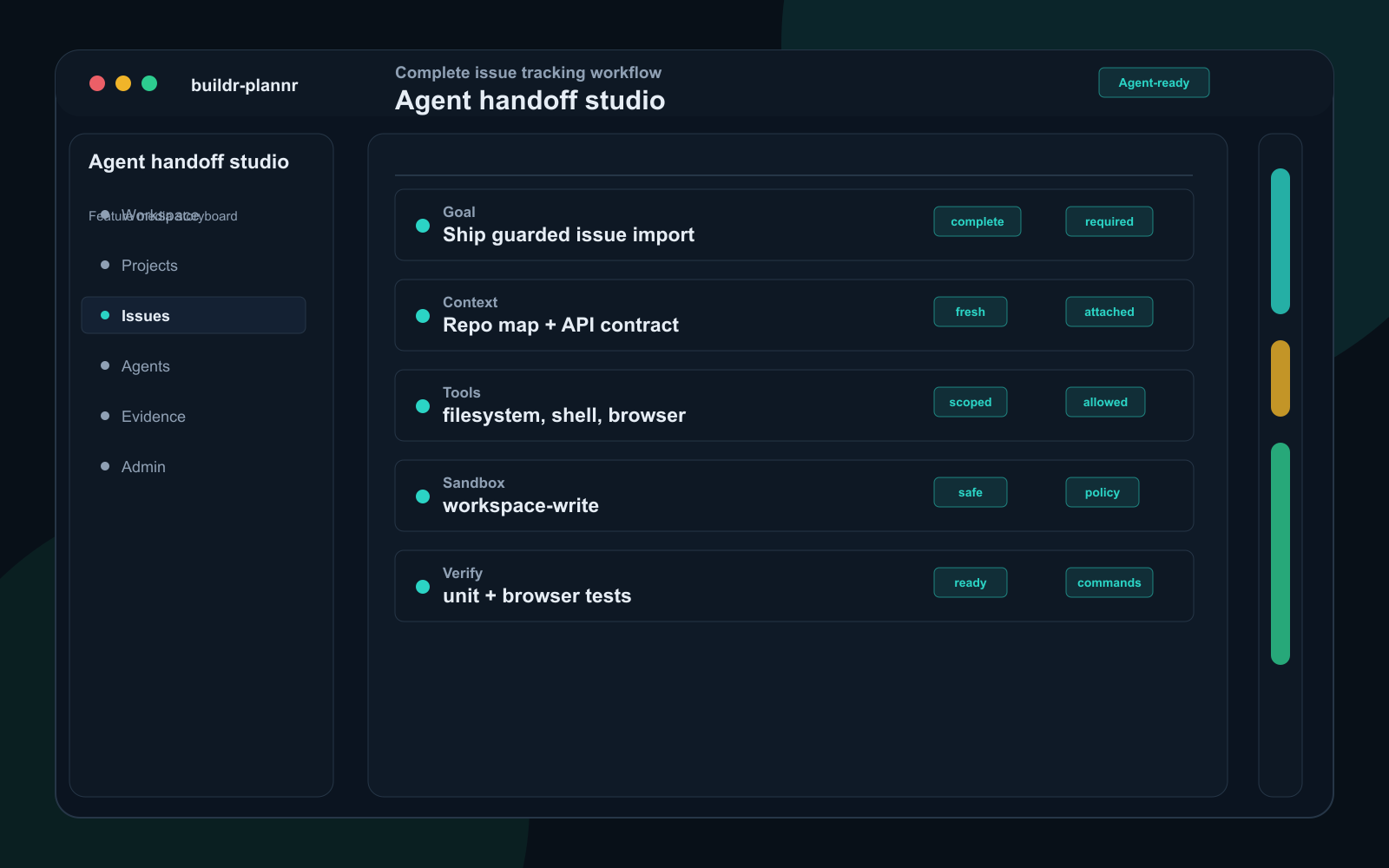 Agent handoff workspace showing a clear task brief, trusted files, allowed actions, sandbox policy, and readiness checks.