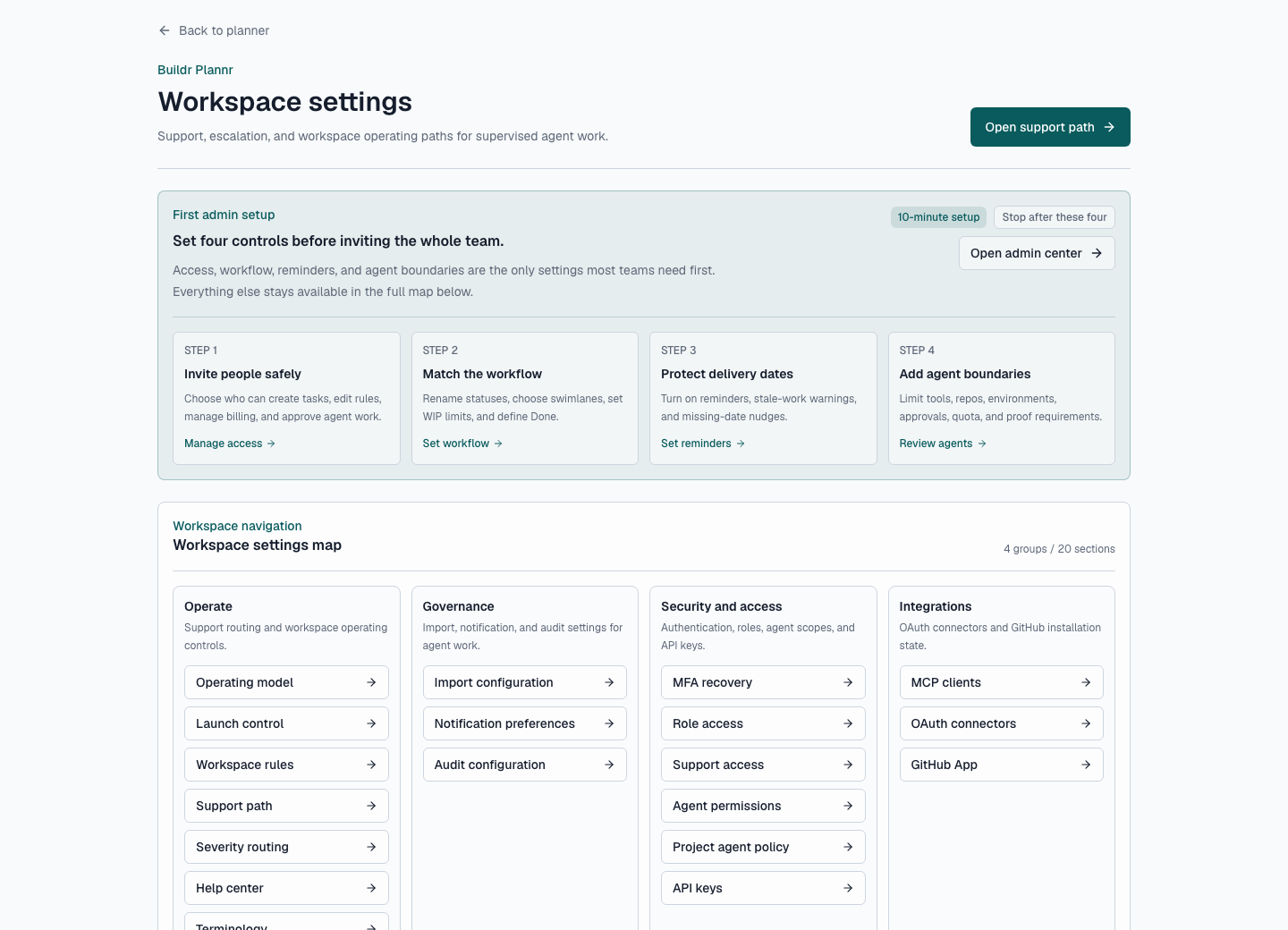 Actual buildr-plannr workspace settings screen showing the workspace settings map and admin operating model controls.