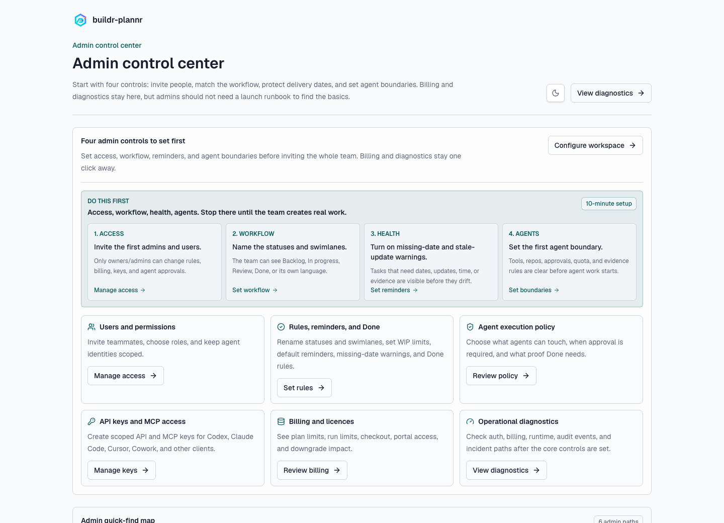 Actual buildr-plannr admin diagnostics screen showing operational health, runtime checks, Cognito warnings, Stripe warnings, and on-call runbook cards.