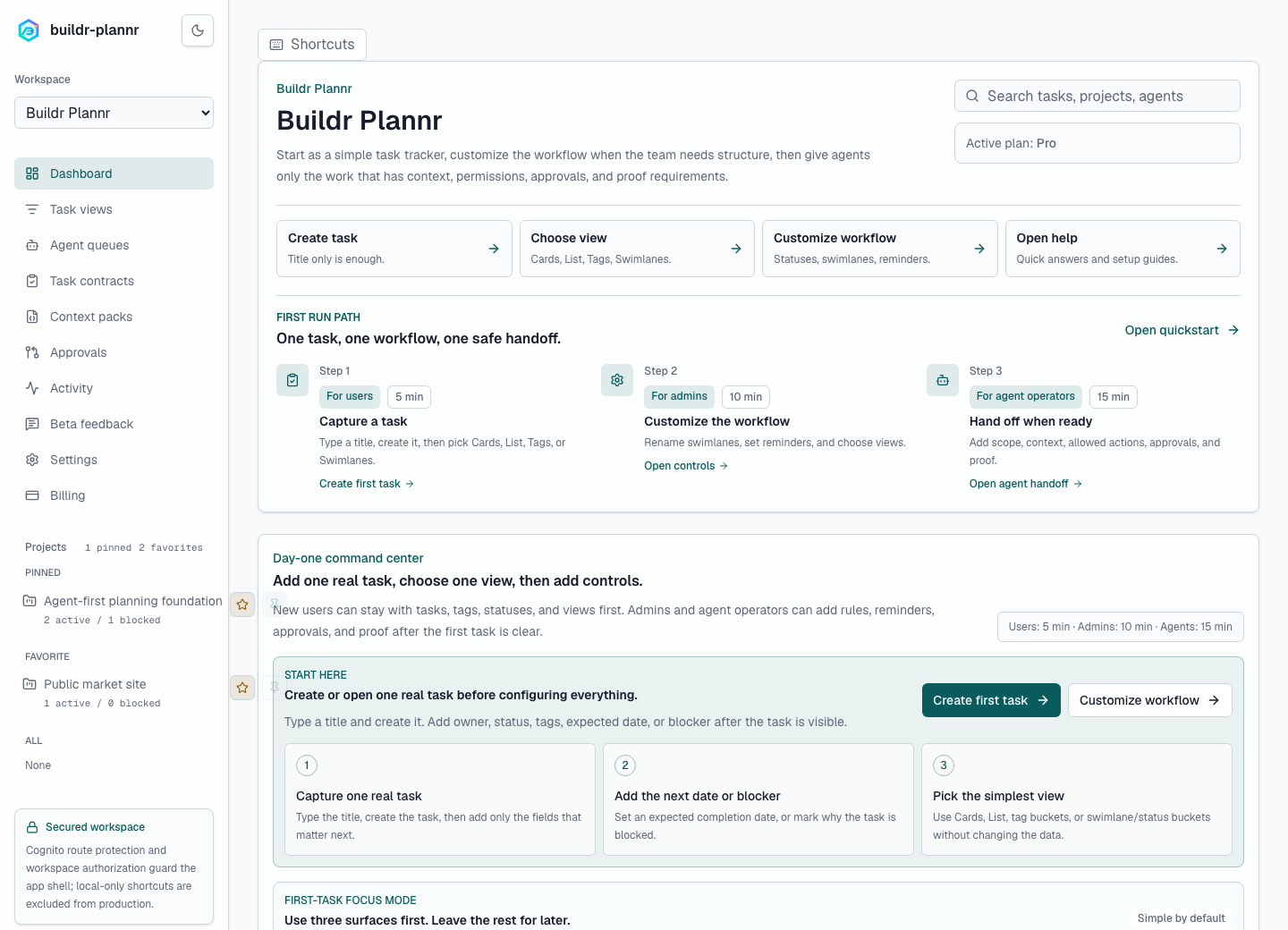 Actual buildr-plannr ready work queue view showing swimlane controls, readiness filter, execution preflight, and blocked agent handoff gates.
