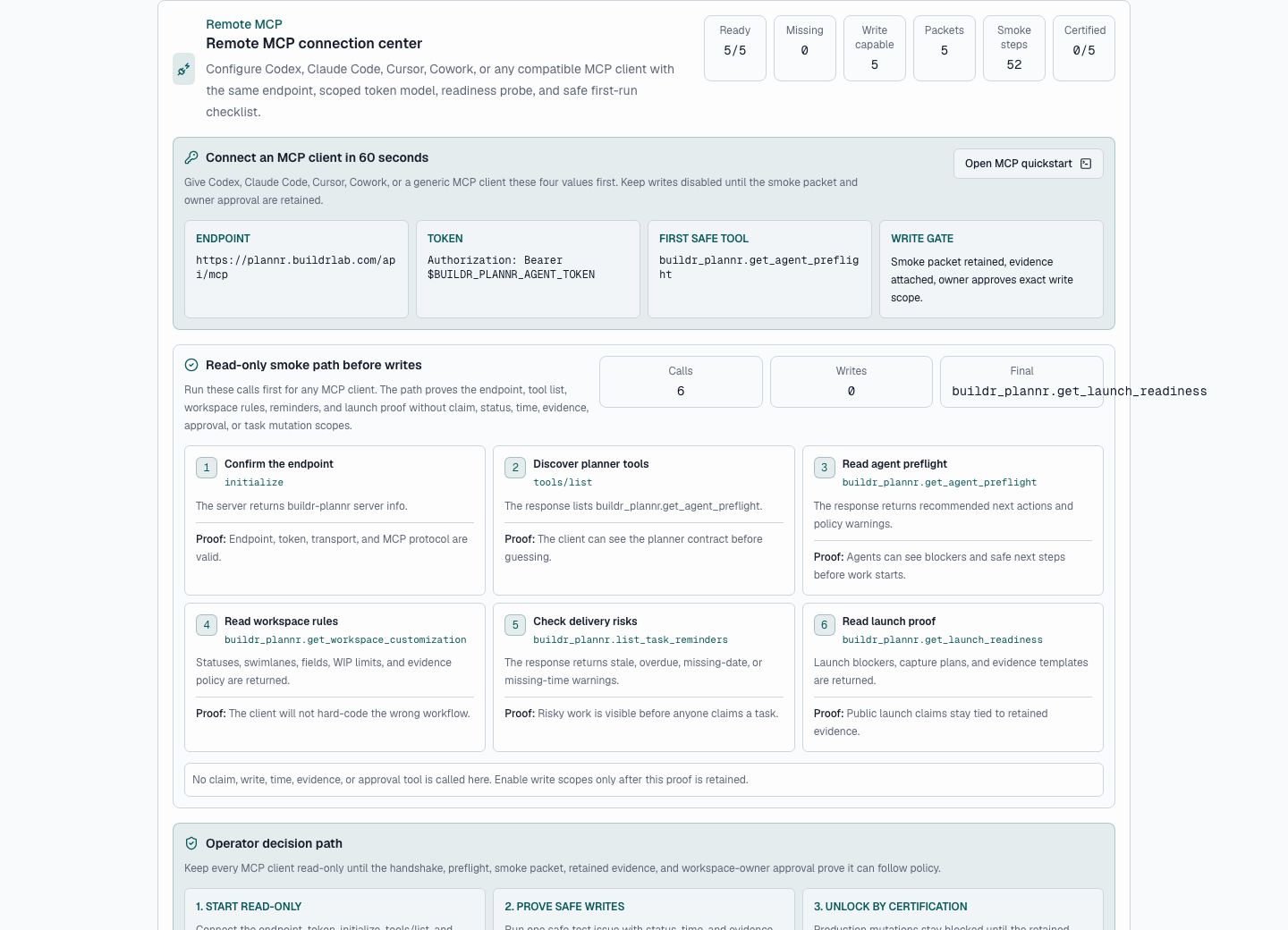 Actual buildr-plannr Remote MCP connection center showing quick connect, read-only smoke path, client snippets, and write certification gates.